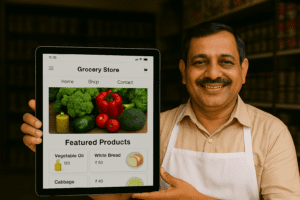An Indian grocery shop owner in his late 40s, wearing a checked shirt and smiling confidently while holding a tablet that displays his store's website, standing inside his well-stocked local grocery store."