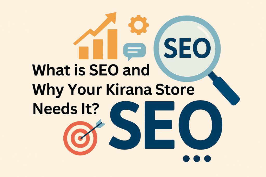 What is SEO and Why Your Kirana Store Needs It headline with SEO icons