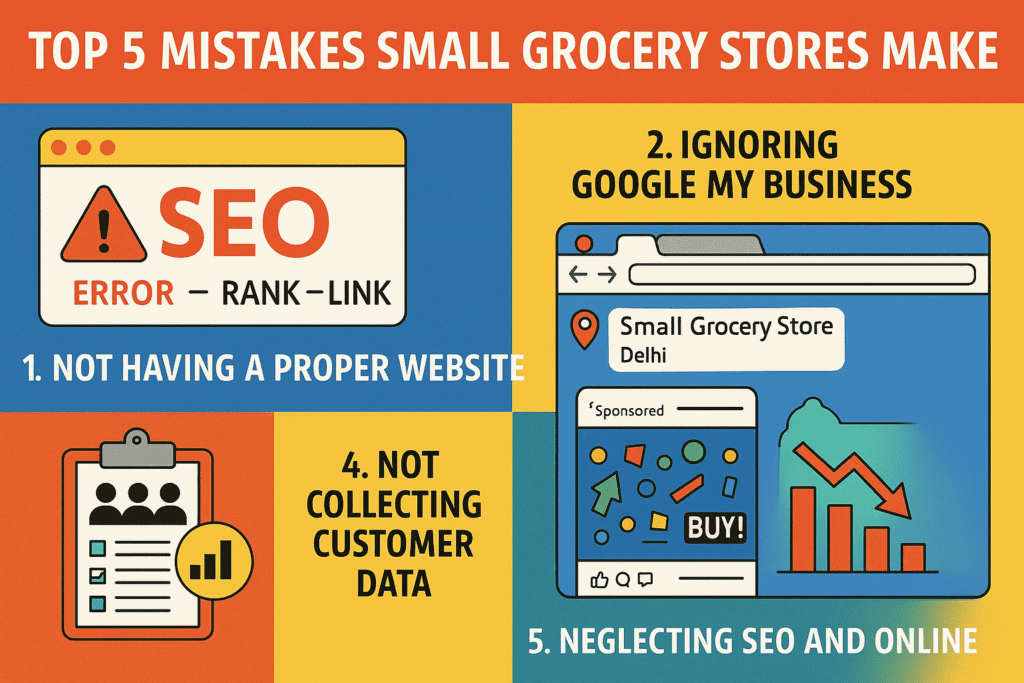 Illustration showing the Top 5 Mistakes Small Grocery Stores Make Online, including website issues, poor SEO, and ad strategy errors."