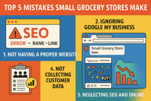 Illustration showing the Top 5 Mistakes Small Grocery Stores Make Online, including website issues, poor SEO, and ad strategy errors."